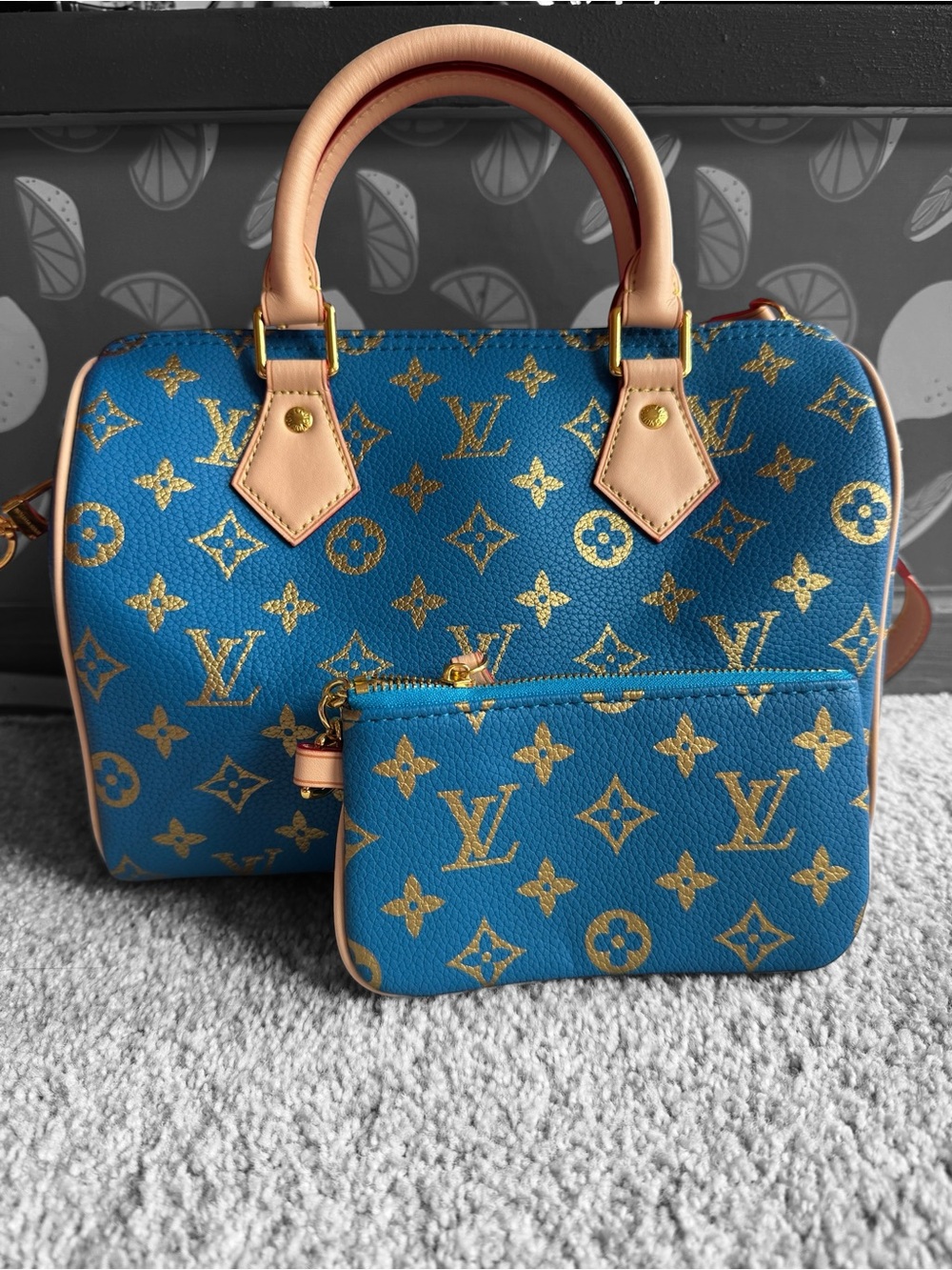 Louis Vuitton Blue Monogram Satchel with Pouch and Tan Handles